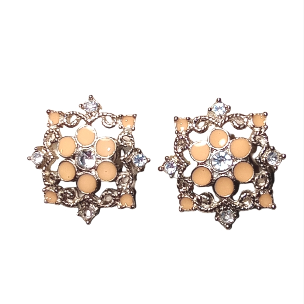 1990s Vintage Rare Find Silver & Champagne Statement ClipOn Metal Earrings